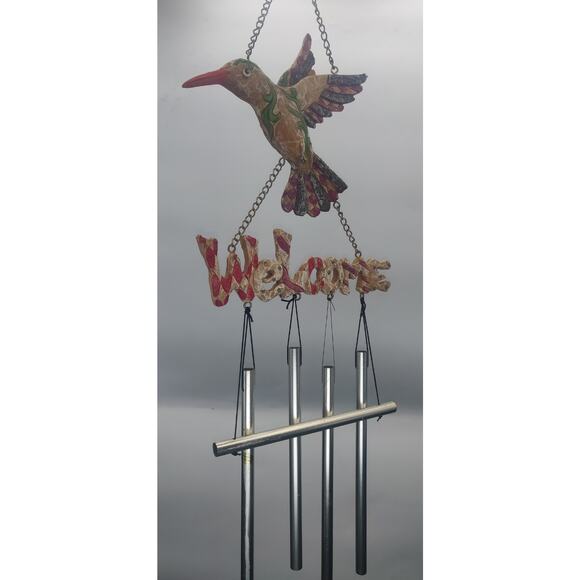Handcrafted Hummingbird “Welcome” Metal Wind Chime – Outdoor Garden Decor - Picture 2 of 3